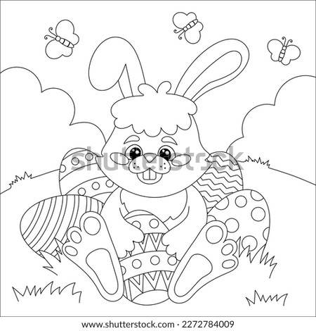 Happy Easter! Coloring page with rabbit and Easter eggs. Worksheet for school, home. Vector illustration