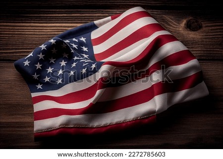 Happy President memorial day concept. America USA united states flag on dark wooden background. lifestyle studio shoot. closeup view.. flat lay, top view	

