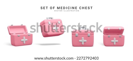Set of 3d realistic medicine chest isolated on white background. First aid kit in cartoon style. Vector illustration