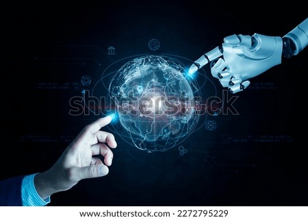 Technology  people concept man use AI to help work, Learning Artificial Intelligence, Business modern technology, human hand-touching global networks and data exchanges with AI Royalty-Free Stock Photo #2272795229