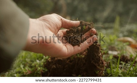 Close-up of Human Hand Grabbing Vegetation and Soil in Nature, Concept of Loving Nature Royalty-Free Stock Photo #2272799431