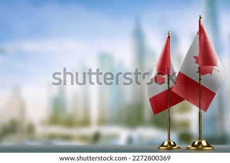 Small flags of the Canada on an abstract blurry background.