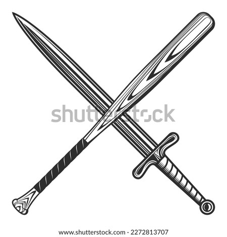 Knight sword with baseball bat club emblem design elements template in vintage monochrome style isolated vector illustration