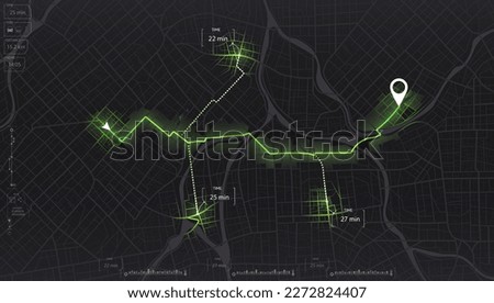 Pick up taxi. Gps map navigation to own house. Detailed view of city. Passenger location sharing for driver. Location tracks dashboard. 3D data dashboard. Urban highway plan. Royalty-Free Stock Photo #2272824407