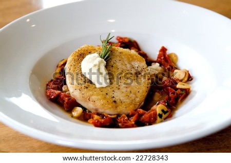 Close up image detail shot of a gourmet swordfish meal