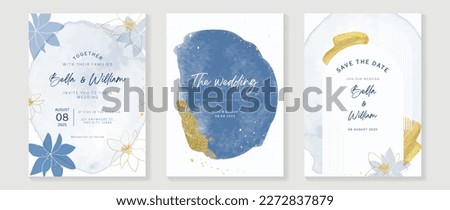 Luxury wedding invitation card background vector. Hand drawn flowers with blue theme watercolor and gold glitter brush stroke texture. Design illustration for wedding and vip cover template, banner.