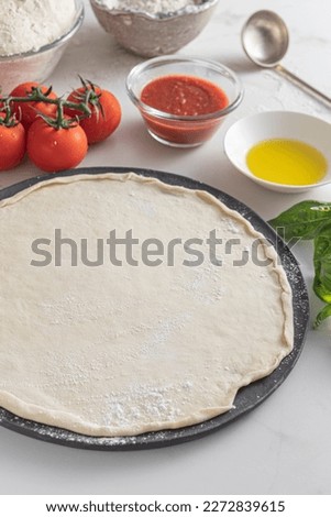 Raw dough for pizza with ingredient: tomato sauce, dough, mozzarella, tomatoes, basil, olive oil, spices served on rustic wooden table
