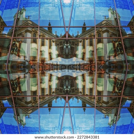 Mirrored images of historical architecture.