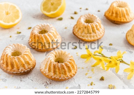 Homemade delicious mini lemon bundt cakes (muffins) on white background Royalty-Free Stock Photo #2272845799