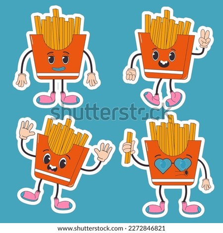 Cartoon character retro sticker  French fries food 70s. In trendy groovy hippie retro style. 