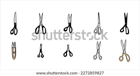 Scissor icon set. Hand drawn professional pair of scissors cutting hair. Craft and scissoring. Vector illustration on white background