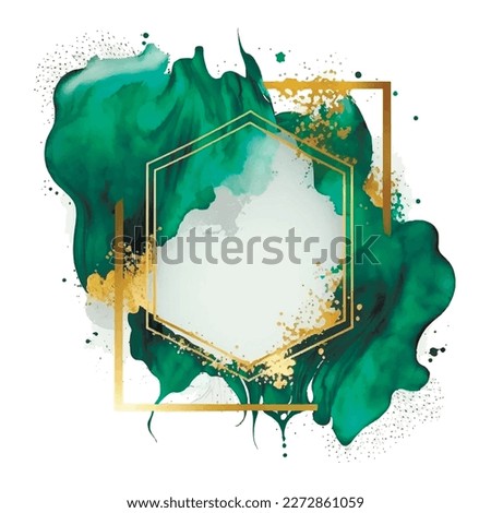 Watercolor modern colorful composition with gold frame, border, glitter, place for text. Trendy luxury decorative abstract design. Emerald green watercolor stain. Isolated vector texture.