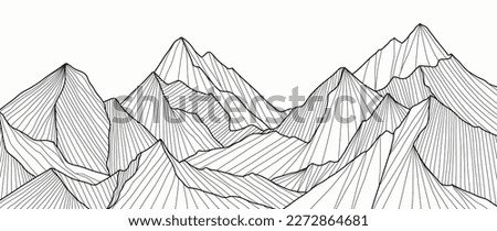 Black and white mountain line art wallpaper. Contour drawing luxury scenic landscape background design illustration for cover, invitation background, packaging design, fabric, banner and print. Royalty-Free Stock Photo #2272864681