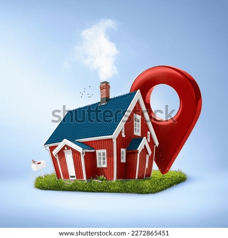 Modern house with location pin icon on blue background in real estate sale or property investment concept. Buying land for new home. 3d illustration of big red map pointer symbol near small building.