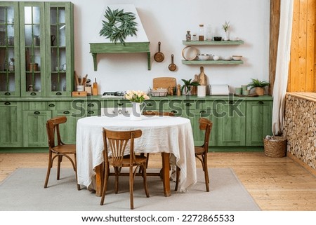 Vintage green kitchen. Green kitchen interior. Green color kitchen. Green color theme kitchen. Royalty-Free Stock Photo #2272865533
