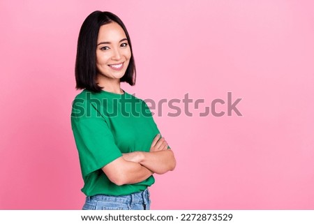 Portrait photo of young japanese lady smile folded arms professional it specialist professional software developer isolated on pink color background