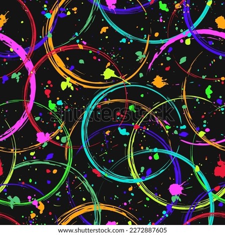 Pattern with circles, paint brush strokes, spattered paint of neon bright colors. Virtual abstract background. Grunge style for sports goods, prints, clothing, t shirt design