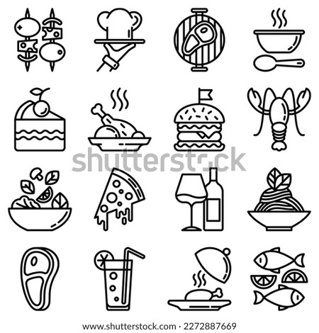 Restaurant menu thin line icons set: starters, chef dish, BBQ, soup, beef, steak, beverage, fish, salad, pizza, wine, seafood, burger. Modern vector illustration Royalty-Free Stock Photo #2272887669