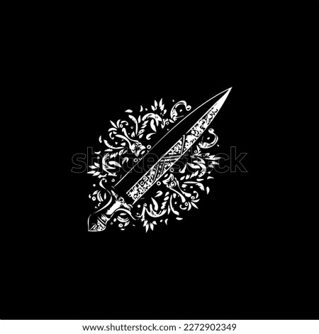 Dagger dotwork tattoo with dots shading, depth illusion, tippling tattoo. Hand drawing white emblem on black background for body art, minimalistic sketch monochrome logo. Vector illustration Royalty-Free Stock Photo #2272902349