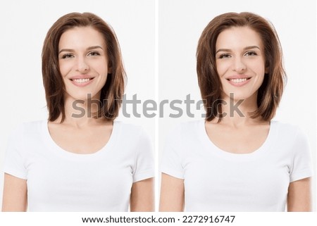 Before after hair lift styling treatmant. Before-after woman Volume hair. Beauty salon care. Short type of haircut. Barber shine cosmetics Royalty-Free Stock Photo #2272916747