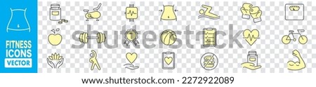 Fitness, Diet, Sport, Yoga, Gym, Cardio, Health and Running thin line icons set vector