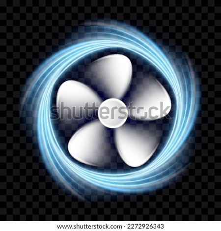 White cooler fan with blue air waves. Computer cooling fan. Air care, ventilation and conditioning background. Propeller icon with air or water currents vector illustration isolated on transparent Royalty-Free Stock Photo #2272926343