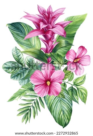 Exotic flowers. Watercolor hibiscus, palm leaf isolated on white background. Botanical painting, watercolor flora