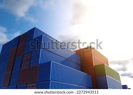 Warehouse of stacked cargo standard containers for temporary storage, loading, unloading and sorting at the container point. The concept of cargo transportation. Royalty-Free Stock Photo #2272943511