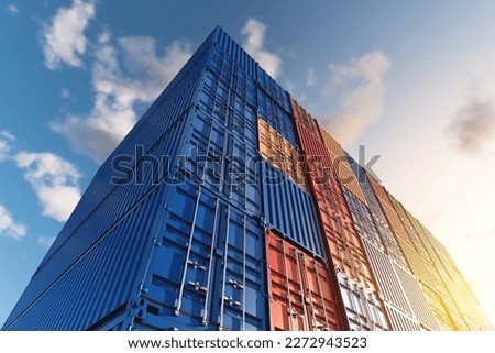 Warehouse of stacked cargo standard containers for temporary storage, loading, unloading and sorting at the container point. The concept of cargo transportation. Royalty-Free Stock Photo #2272943523
