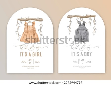 Cute baby shower watercolor invitation card for baby and kids new born celebration. Its a girl, Its a boy card with baby dress and toys Royalty-Free Stock Photo #2272944797