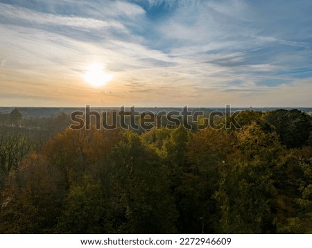 aerial view of beautiful sunrise over forest in Belgium during autumn. High quality photo