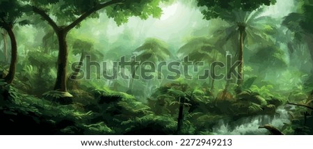 Horizontal tropical jungle landscape. Panoramic view of a dense forest with palms and lianas. Exotic colorful landscapes of green tropical forest with foliage plants. Color flat vector illustration Royalty-Free Stock Photo #2272949213