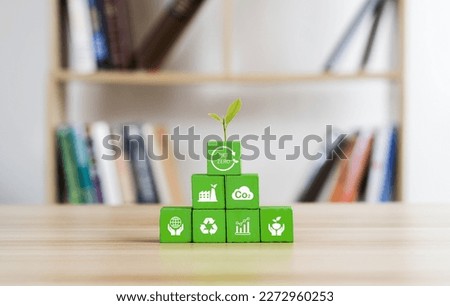 Carbon neutral and net zero concept natural environment Climate-neutral long-term strategy greenhouse gas emissions targets Wooden block with green net center icon
