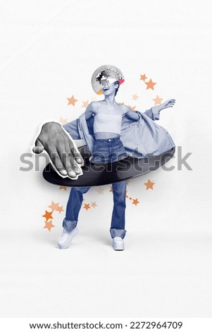 Creative party invitation retro concept vinyl disc turntable dj hand scratch dance woman disco ball night club isolated on white color background Royalty-Free Stock Photo #2272964709