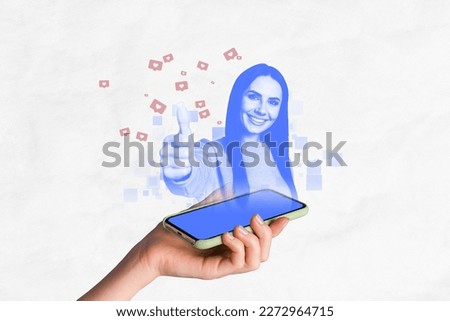 Hi tech conceptual collage of young girl hologram picture under big smart phone touchscreen giving thumb up rank best quality