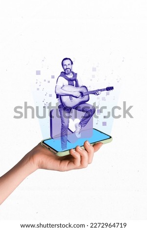 Photo hologram collage of mature age man recording video blog coach exercise how learn to play guitar smartphone display isolated on white background
