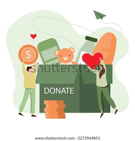 Donation of food and clothing. Vector flat illustration. The concept of social assistance and charity. Volunteers collect donations in boxes.	 Royalty-Free Stock Photo #2272964851
