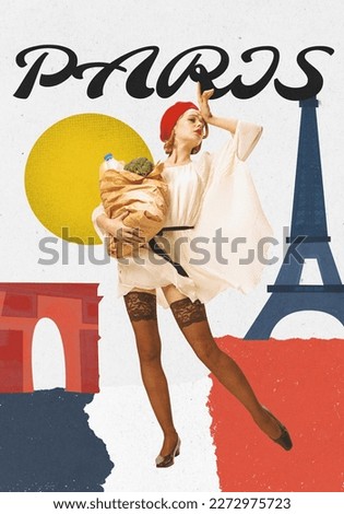 Contemporary artwork. Stylish young girl with food in parisian outfit standing on background with famous french landmark, tower. Travell and architecture concept. Design in vintage style for postcard