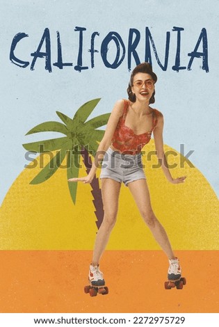 Contemporary art. Summertime vacation. Young stylish girl on vintage rollers over palm and sun background. California vibes. Travell and architecture concept. Design in vintage style for postcard Royalty-Free Stock Photo #2272975729