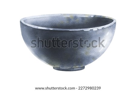 Ceramic bowl in blue glaze side view. Watercolor illustration. Isolated object on white background from SHRIMP collection. For decoration and design, menu compositions and recipes