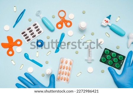 A table top view on tools of healthcare and medical background concept