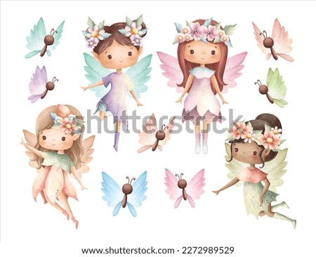 Watercolor illustration set of Flower fairy and butterfly