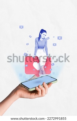 Blogger woman holographic picture sitting big red like symbol on big touchscreen device love popularity vlog blog post income
