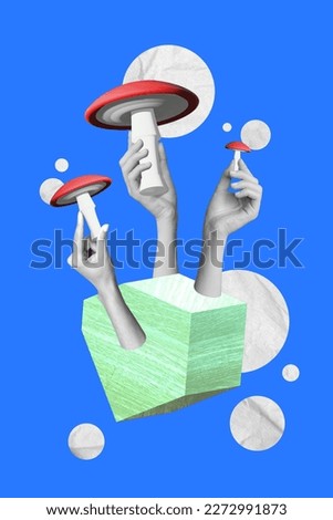 Exclusive magazine picture sketch collage image of hands arms holding psychedelic mushrooms isolated painting background