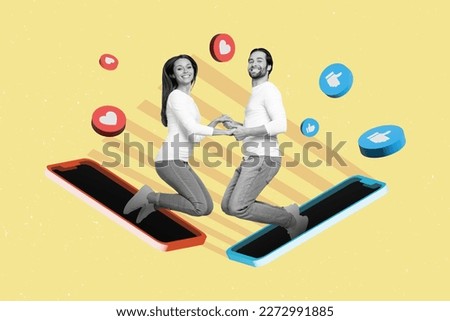 Exclusive magazine picture sketch collage image of happy smiling couple meeting online dating app isolated painting background Royalty-Free Stock Photo #2272991885