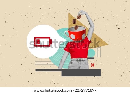 Artwork magazine collage picture of low energy lady coffee cup instead of head putting beans isolated drawing background