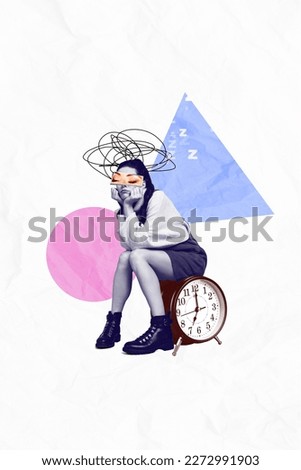 Collage artwork graphics picture of tired lady sleeping sitting retro clock isolated painting background