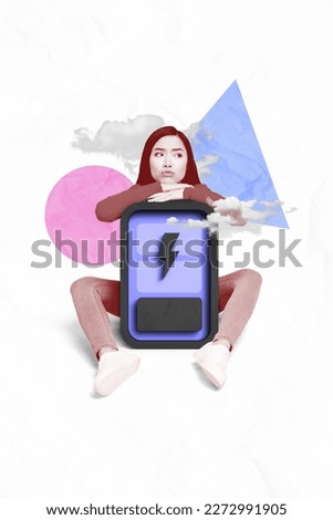 Photo cartoon comics sketch collage picture of thoughtful bored lady waiting battery charging isolated drawing background
