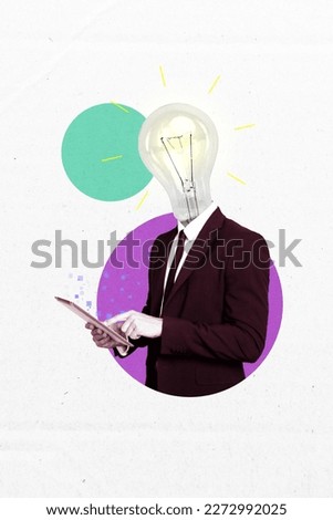 Photo collage artwork minimal picture of worker bulb instead head working apple samsung gagdet isolated drawing background