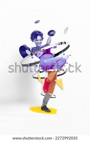 Exclusive magazine picture sketch collage image of smiling happy lady dancing having fun isolated painting background